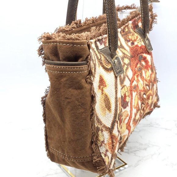 Myra Bag Tote Handbag Womens Brown Canvas Leather Trim Tapestry Boho Zip Top - Picture 4 of 15